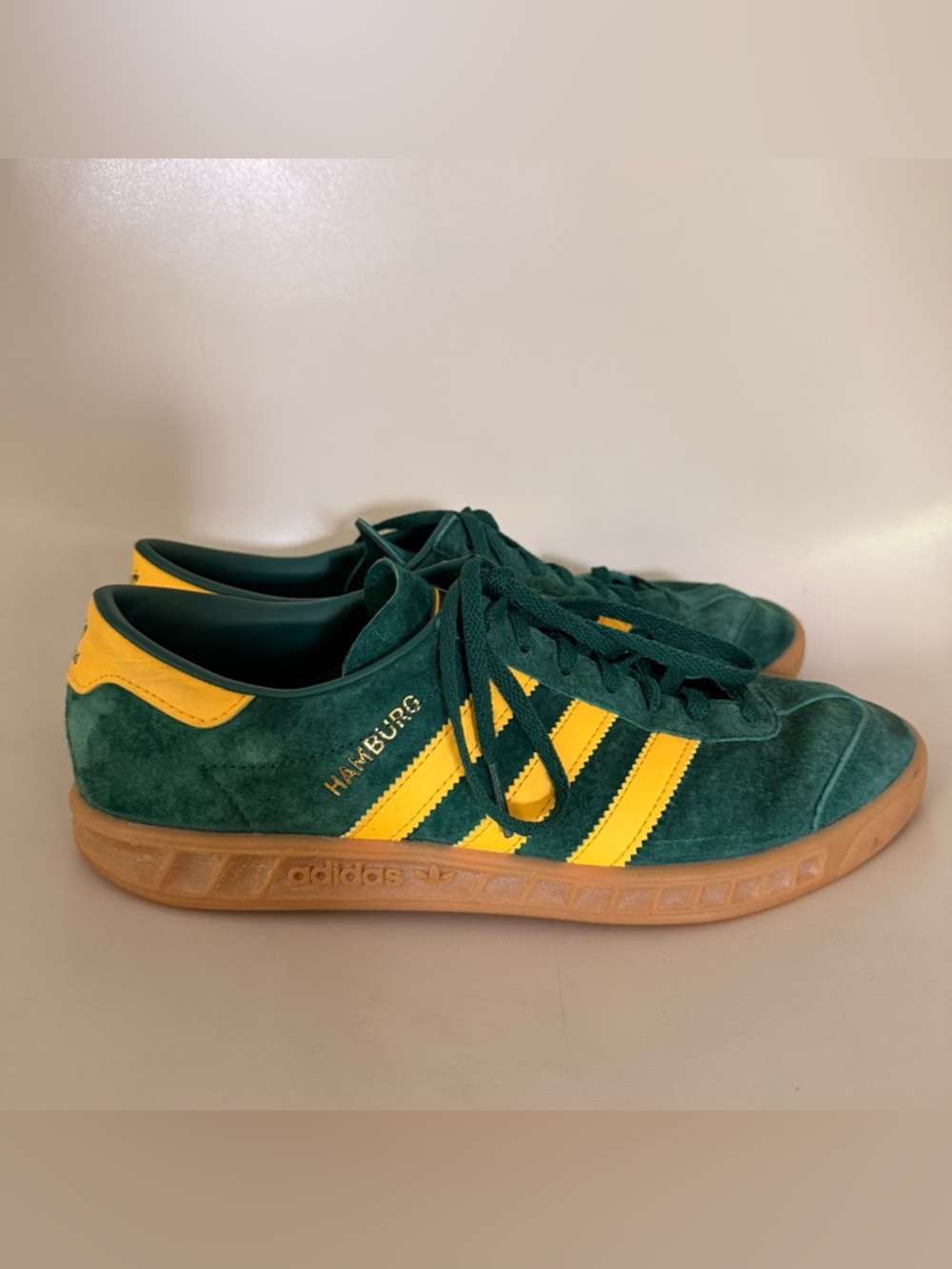 adidas Hamburg Green Suede Sneakers with Yellow Stripes